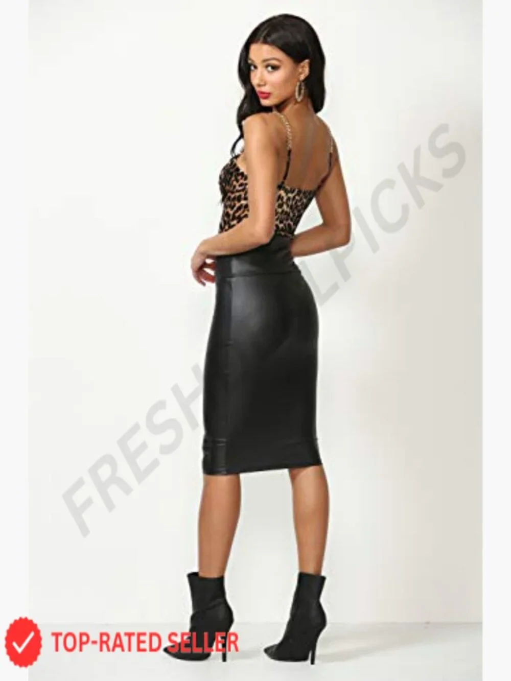 Faux Leather Pencil Skirt Midi High Rise Tummy Control Pull On Stretchy - Picture 4 of 6